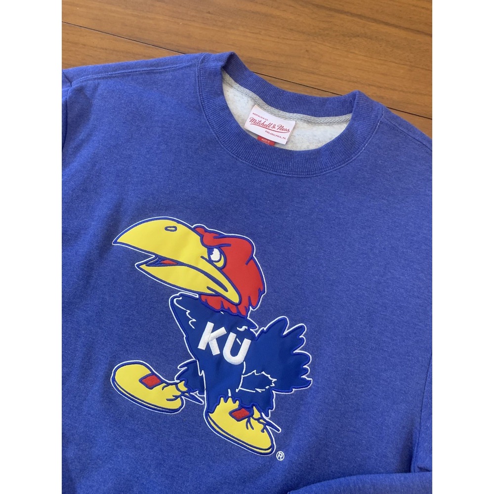 Kansas Jayhawks Mitchell & Ness Sweatshirt Mens Large Blue Retro Crewneck KU